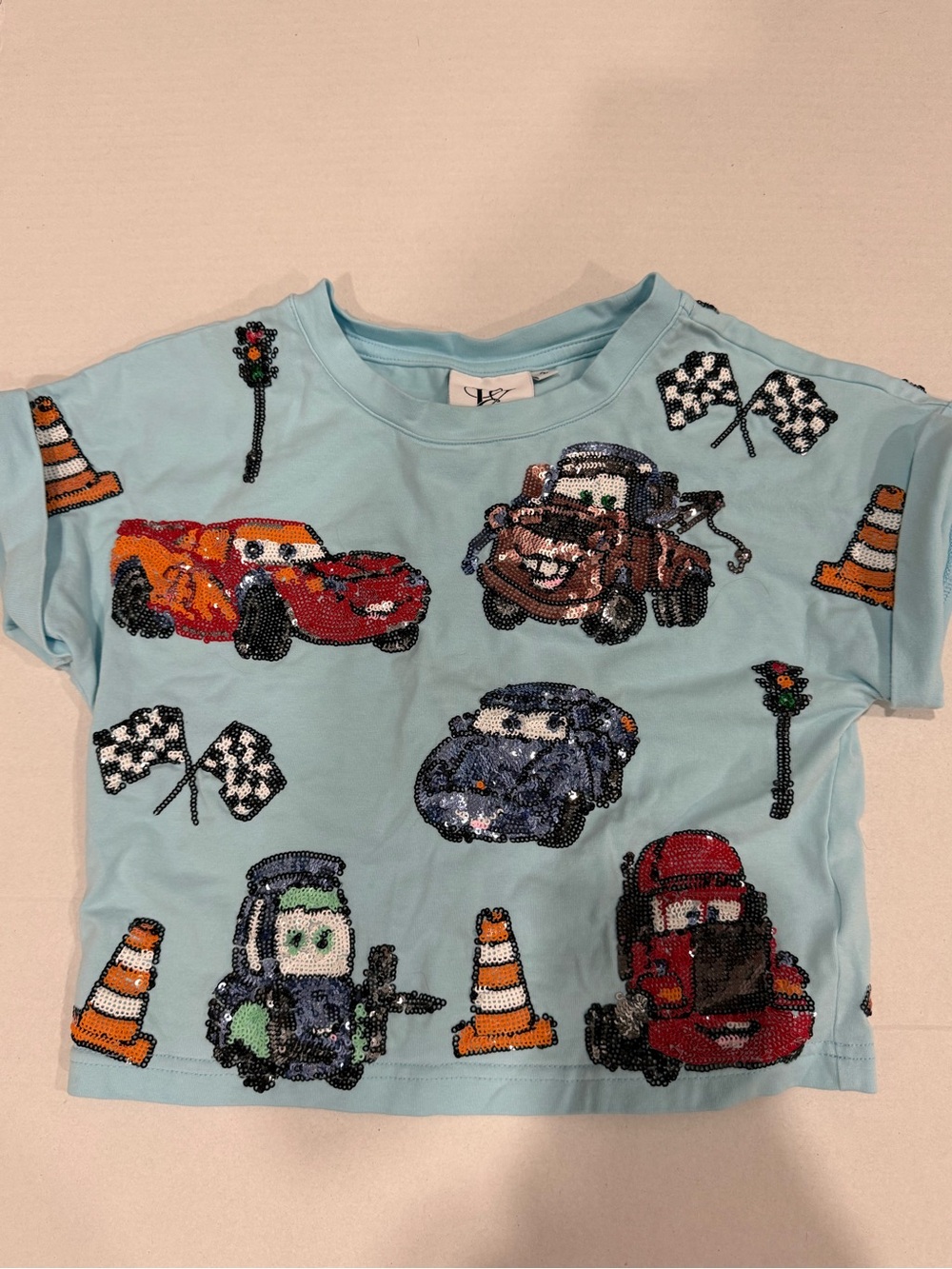 Sequin Embellished Cars Tee - Light Blue